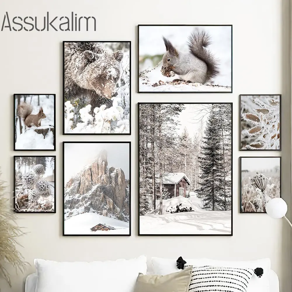 

Snow Forest Canvas Poster Squirrel Pinecone Art Prints Mountain Wall Paintings House Wall Art Nordic Wall Posters Home Decor