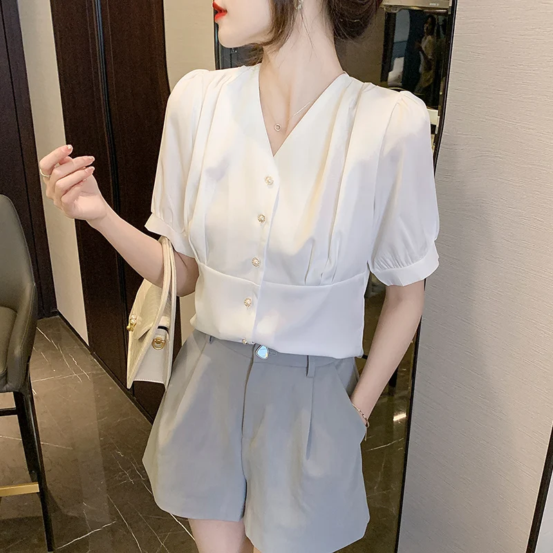 

COIGARSAM Shirt Womens Tops 2022 French Style Brief Vintage Long Sleeve Puff Sleeve V-Neck Women Shirts Dropshipping