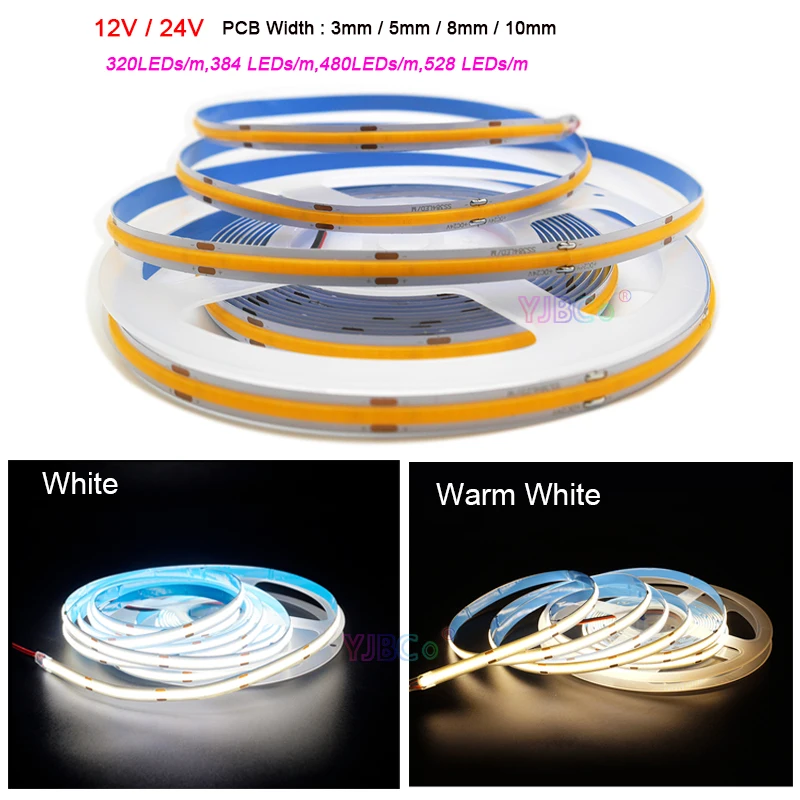 12V/24V 5m High Density Flexible soft Bar FCOB Lights 320/384/480/528 LEDs/m White/Warm White Linear Dimmable COB LED Strip Tape