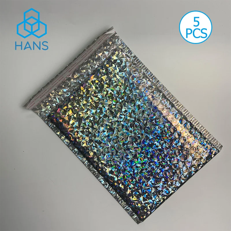 5 Pieces Bubble Mailers Padded Poly Mailers Metallic Holographic Cushion Envelopes Seal Closure Envelopes Shipping Bags