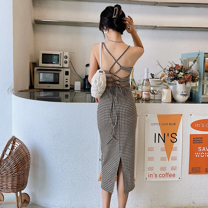 

Vintage Fashion Backless Houndstooth Dress Women Summer Spaghetti Strap Long Dress Elegant Party Dress Vestidos