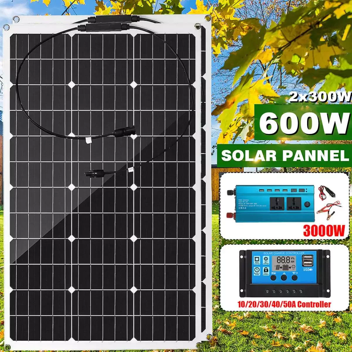 

3000W Solar Power System 600W Solar Panel 18V Battery Charger 3000W Inverter Kit Complete 10-50A Controller Home Grid Camp Phone