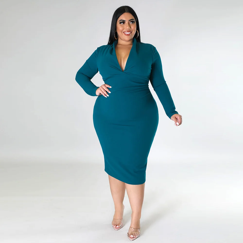

Plus Size Women's Dress Casual Commuter V-neck Solid Color Long Sleeve Pleated Dress Fashion Female Large Size Elegant Dresses