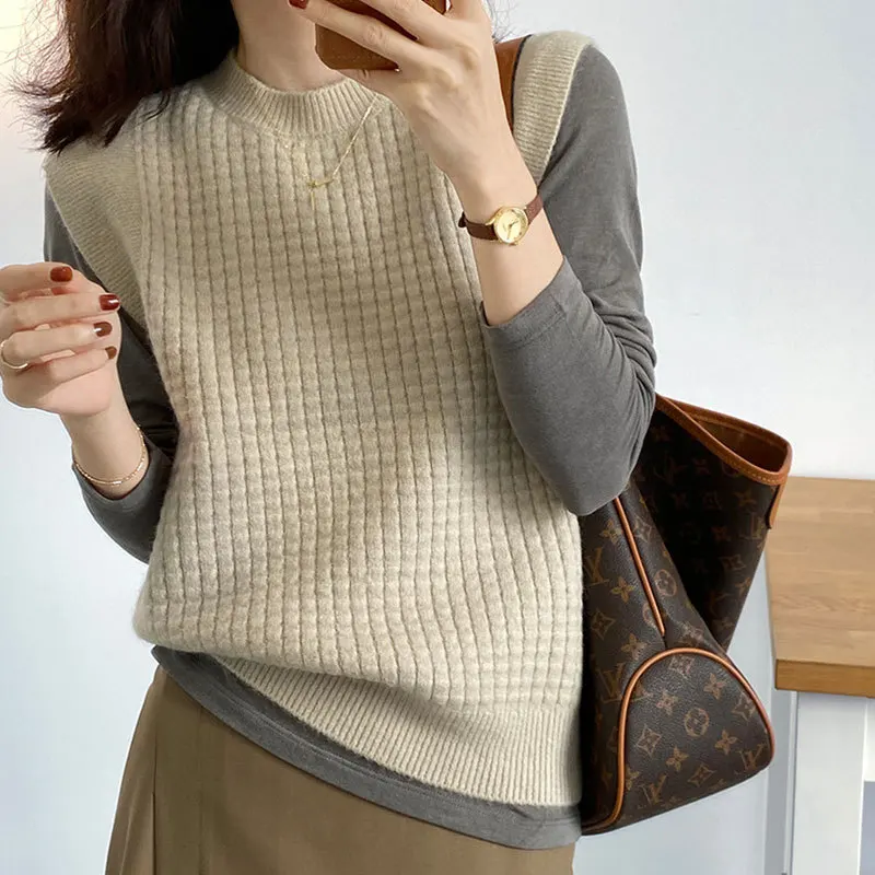 

Stylish Short Knitted All-match Sleeveless Vest Sweater Women's Clothing 2023 Autumn New High Collar Casual Pullovers Tops T330