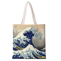 canvas bag ukiyo e oil painting printed handbag epaulettes shopping bag school travel bag