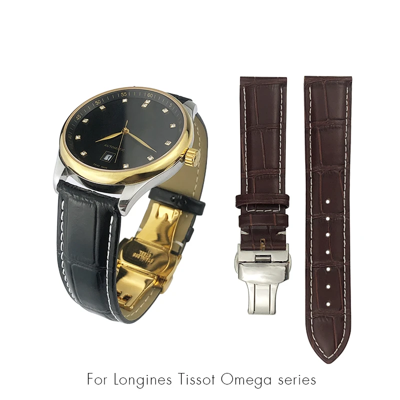 

Calfskin Watchband 14mm 16mm 18mm 20mm 22mm 19mm 21mm Black Brown Blue Leather Watch Strap Stainless Steel Butterfly Buckle Tool
