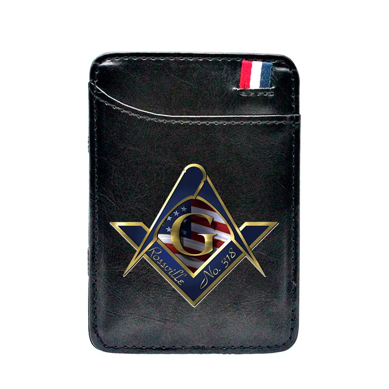 

High Quality American Freemasonry Logo Pu Leather Mini Small Magic Wallets Purse Pouch Plastic Credit Bank Card Case Holder