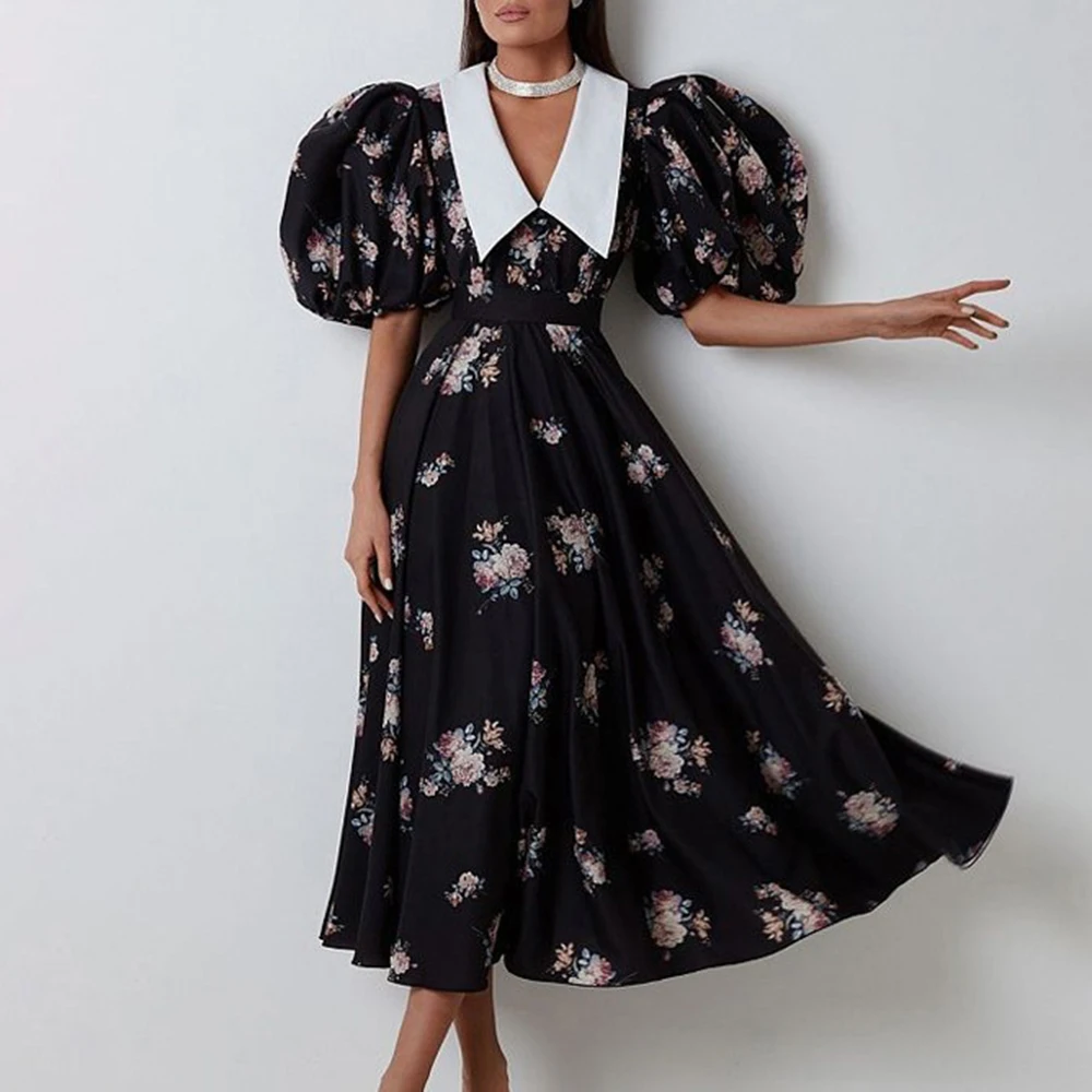 

Print Elegant Women Maxi Dress Casual Chic Style Short Sleeve Lady Floor Length Loose V-Neck Partywear Vestidos Robes Female