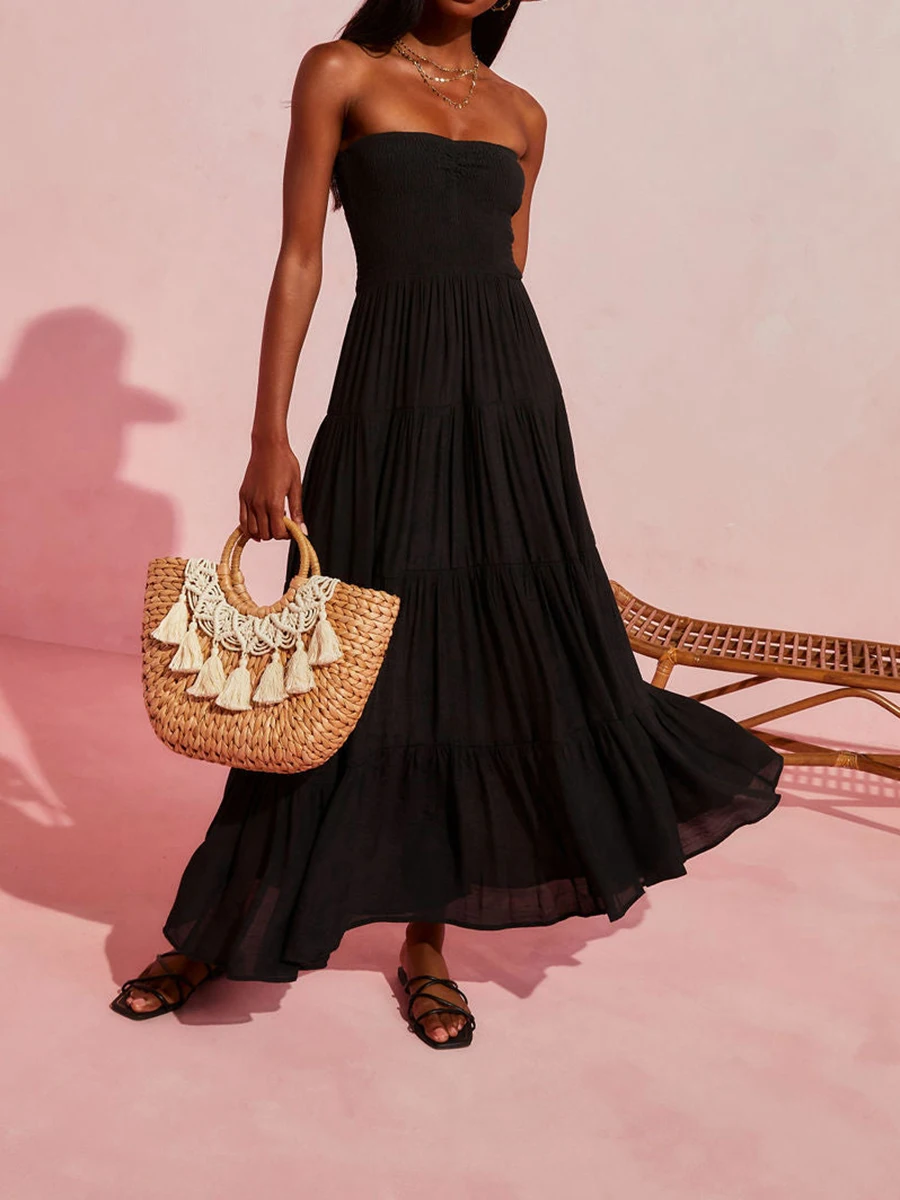 

Sexy Flowy Solid Color Beach Dress Women Tube Top Dress Summer Strapless Sleeveless Tiered Dresses Aesthetic Clothes Streetwear
