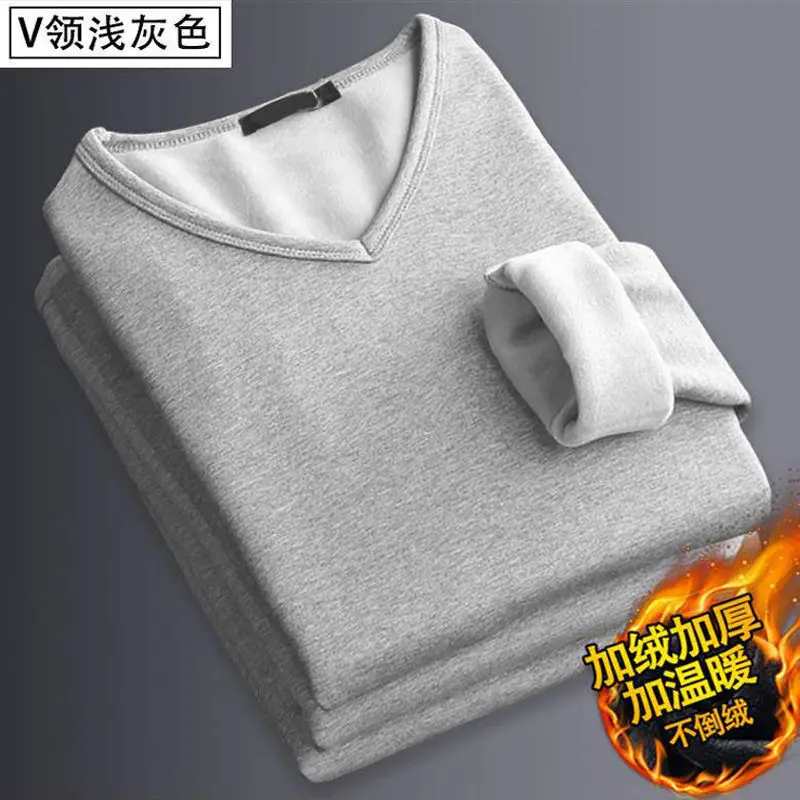 Men's Thermal Top Plus Velvet Thickening V-neck Winter Solid Color Autumn Clothes Round Neck Thermal Underwear