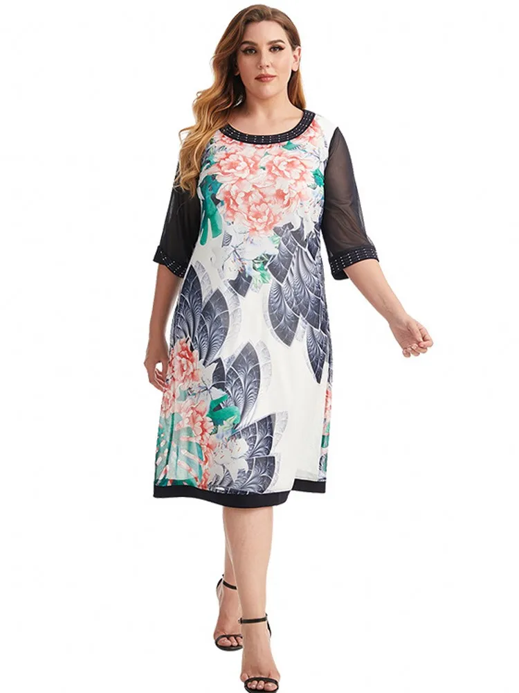 

3XL 4XL Plus Size Women Clothing Three Quarter Sleeve Casual Dress Fashion Ladies Vintage Elegant Vintage Elegant Midi Dress