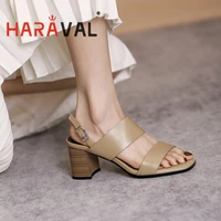 haraval women summersandal thick heels retro fashion elegant footwear solid rounded toe buckle black brown peeped toe for lady