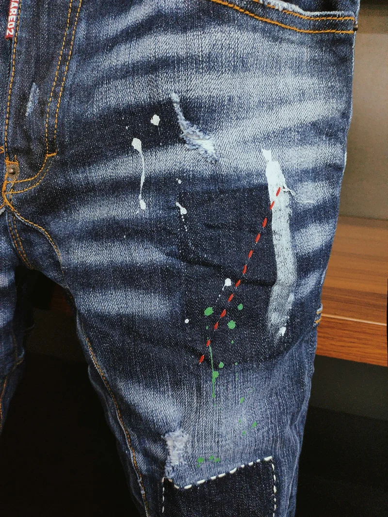 New Men's Dsquared2 Buttons Jeans Ripped For Male Skinny  Pants Men's Denim Trousers Top Quality Slim Jeans A372