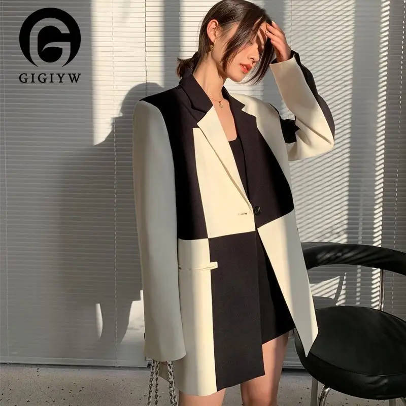 

Женский блейзер в стиле пэчворк GIGIYW, черно-белый Тонкий Блейзер свободного покроя, осень 2022