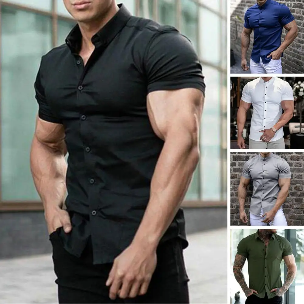 

Comfortable Men Shirt Stylish Men's Slim Fit Lapel Short Sleeve Shirt Stretchy Anti-wrinkle Business Workwear for Summer Men