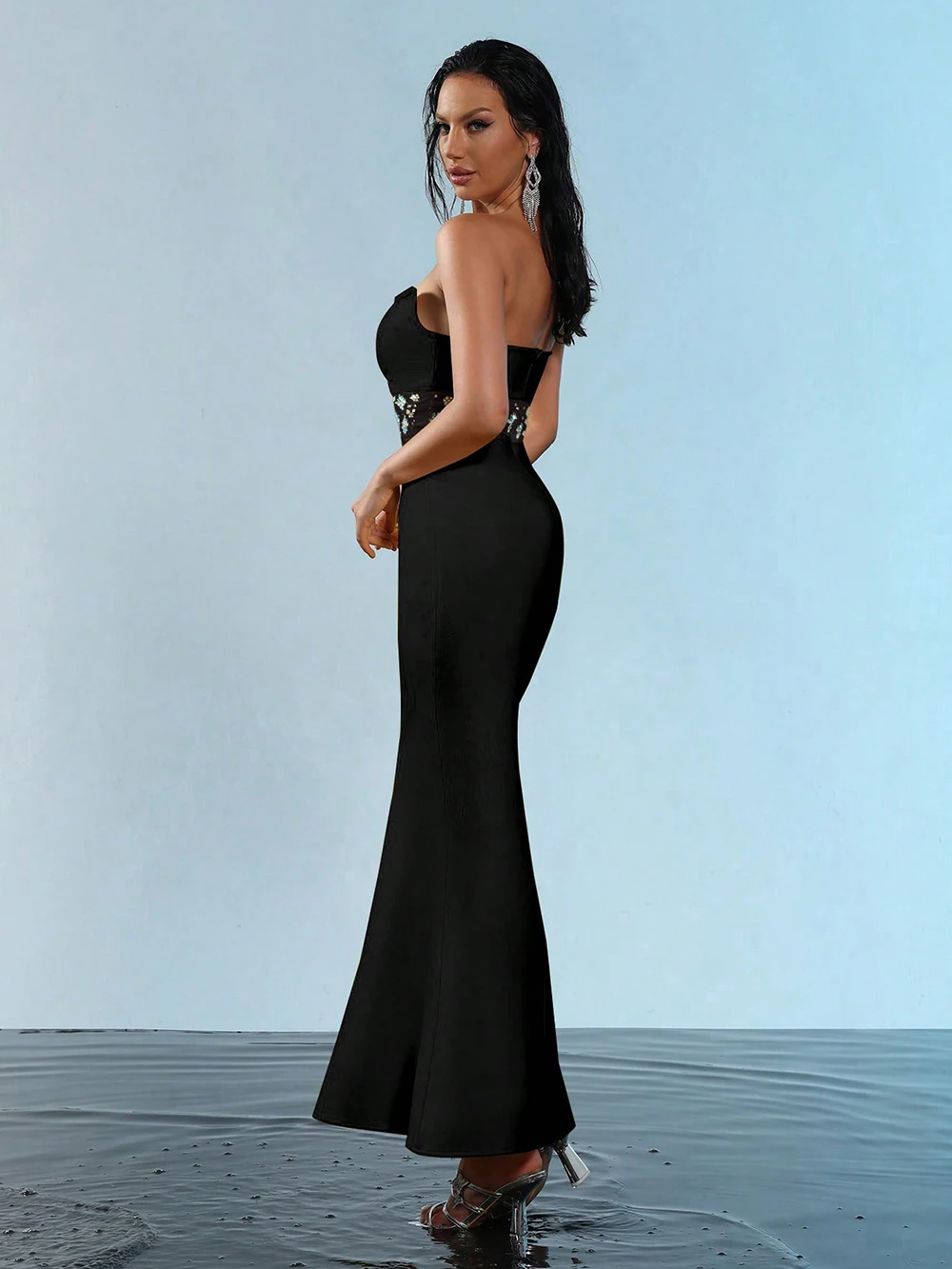 Modphy 2024 бандажное платье женское сетчатое с бриллиантами в стиле пэчворк без