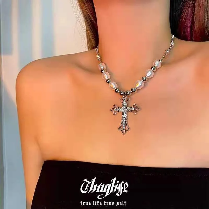 Trendy Pearl Punk Necklaces Inlay Pendant Sliver Plated Stainless Steel Cross Hip-Hop Necklace For Women And Men