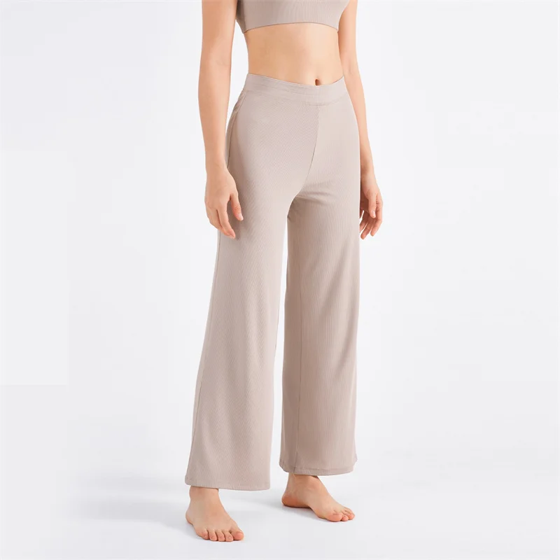 Solid Color Women Sports Pants Ribbed Loose Wide Leg Girdle Fitness Yoga Legging Feet Loose Sunscreen Breathable Quick-drying