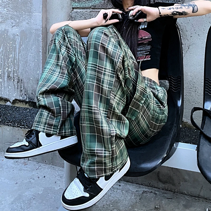 Брюки женские клетчатые в стиле оверсайз повседневные свободные штаны с