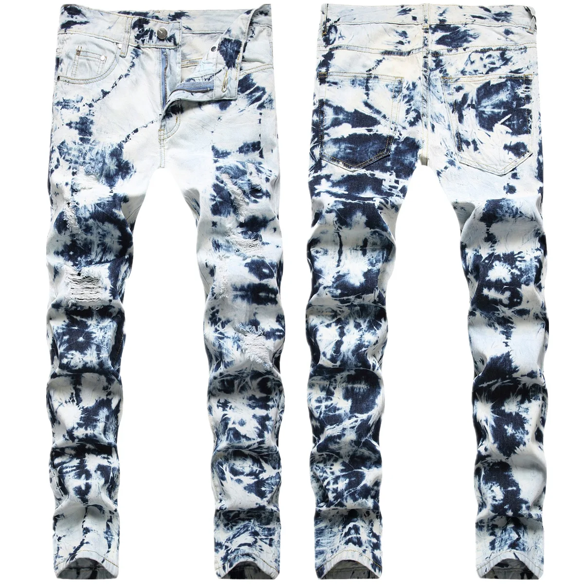 Ice Blue Printed Jeans Men Light Fried Snowflake Tie Dye Hole Pure Cotton Soft Trendy Trousers High Street Stretch For Youth 023