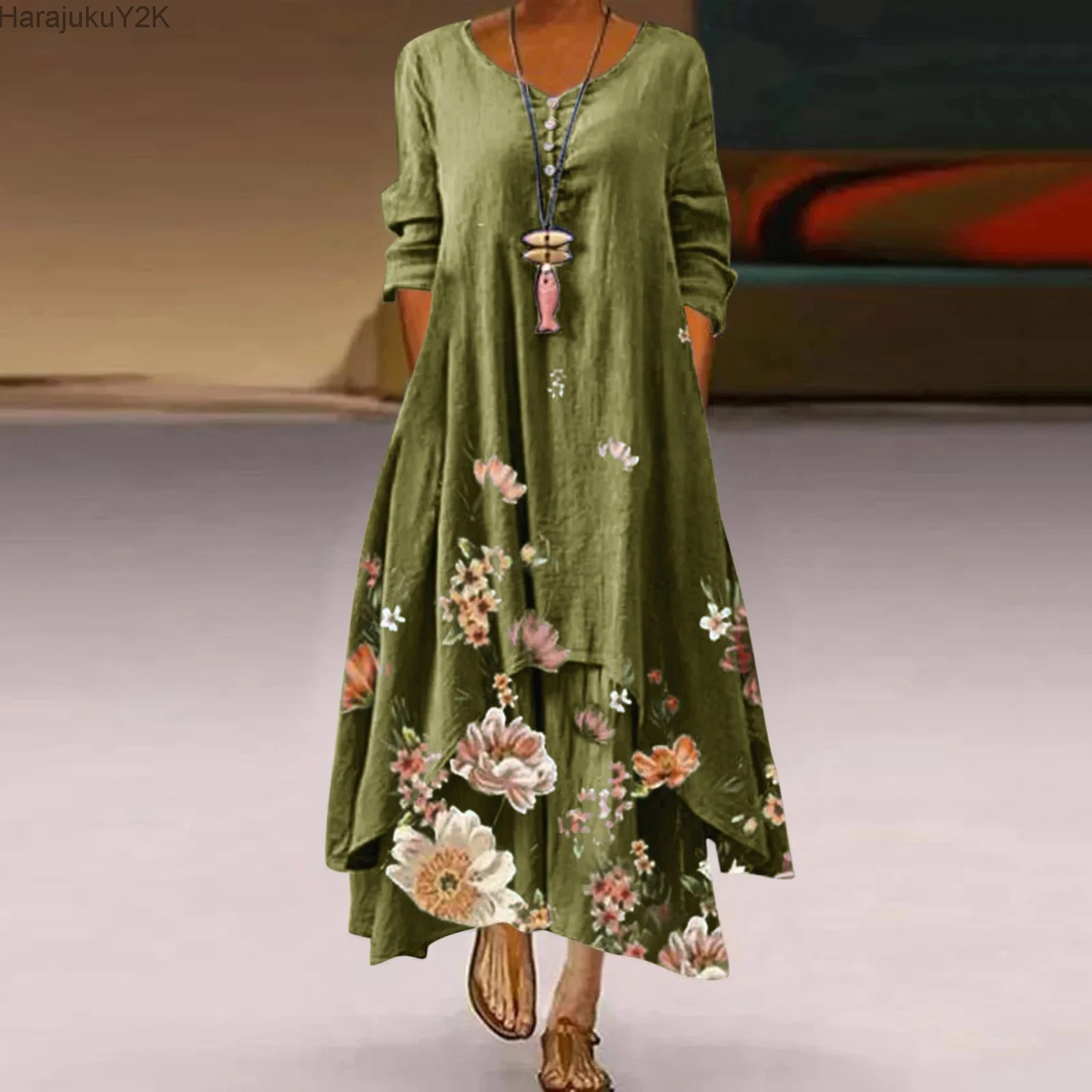 

Bohemian Dresses Women Casual Floral Print Dress O-Neck Long Sleeve Irregular Loose Long Dress Summer Beach Dresses