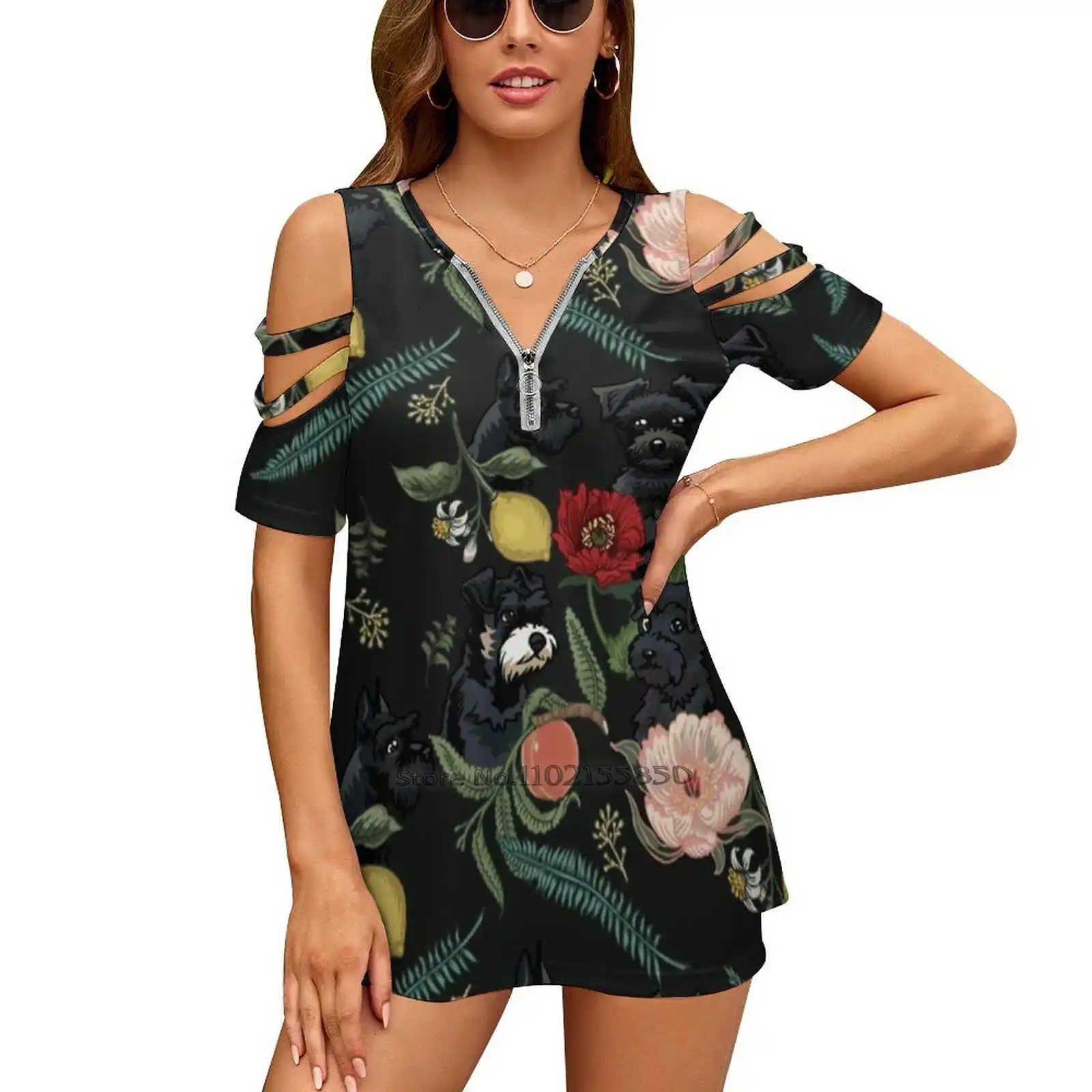 

Botanical And Black Schnauzer Women V Neck T-Shirt Casual Sexy T Shirts Hollow Out Zipper Pullover Top Botanical Schnauzer