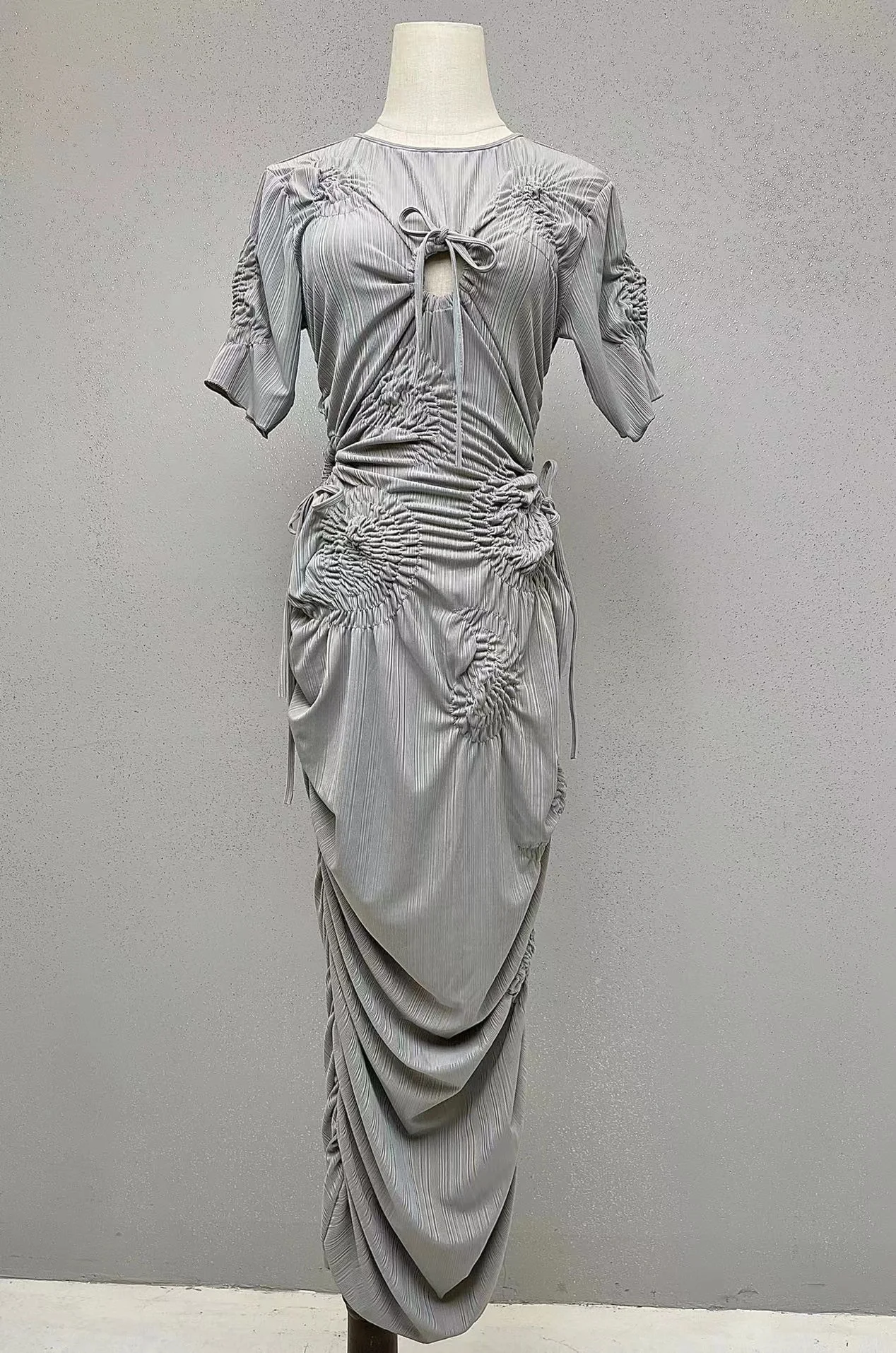 

Fyion 2022 Summer Women Dress Runway Fashion Short Sleeves Solid Hollow Out Holiday Vacation Sexy Gray Long Dress Vestidos