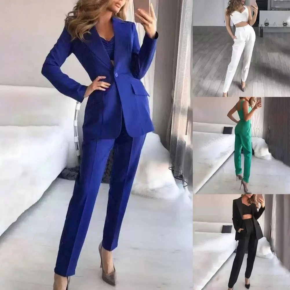 Ladies Pants Suit With  Blazer Single Breasted Gun Neck Jacket Fashion Casual Party Wedding Female Set