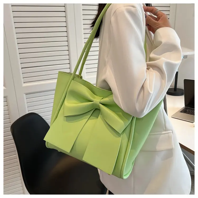 

Ladies casual largecapacity bow handbag underarm shoulder bag fashion pu solid color simple daily womens bag