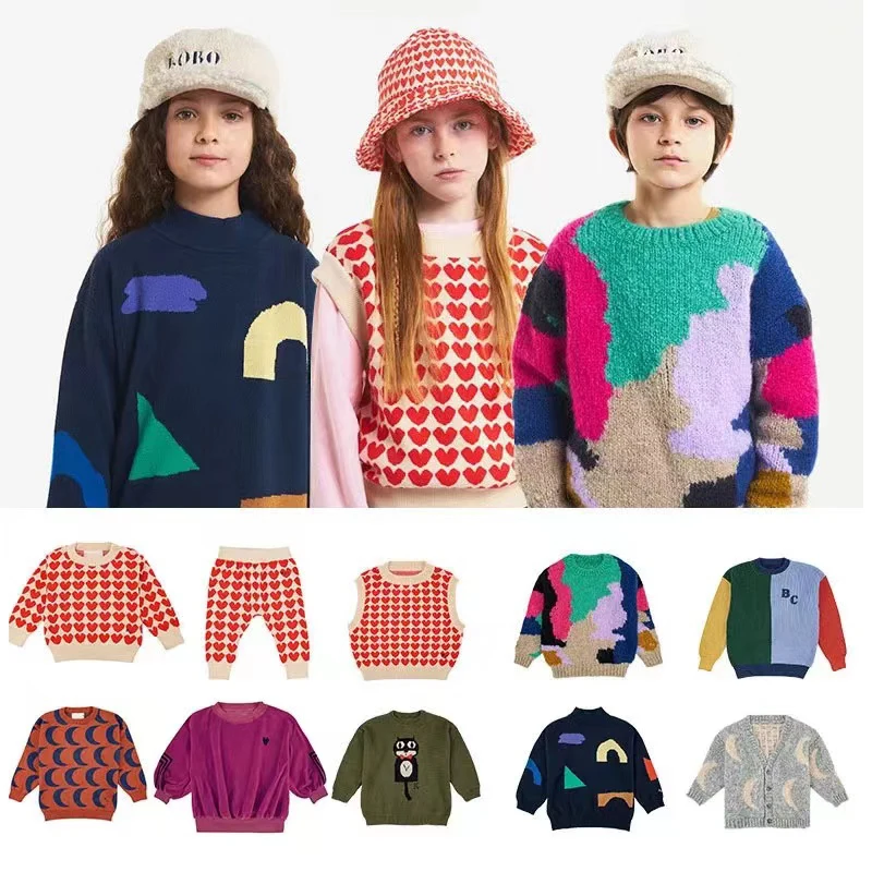 2022 Autumn and Winter Children's Sweater New Baby Girl Cardigan Cartoon Color Matching Knitted Sweater Boy Woven Sweater