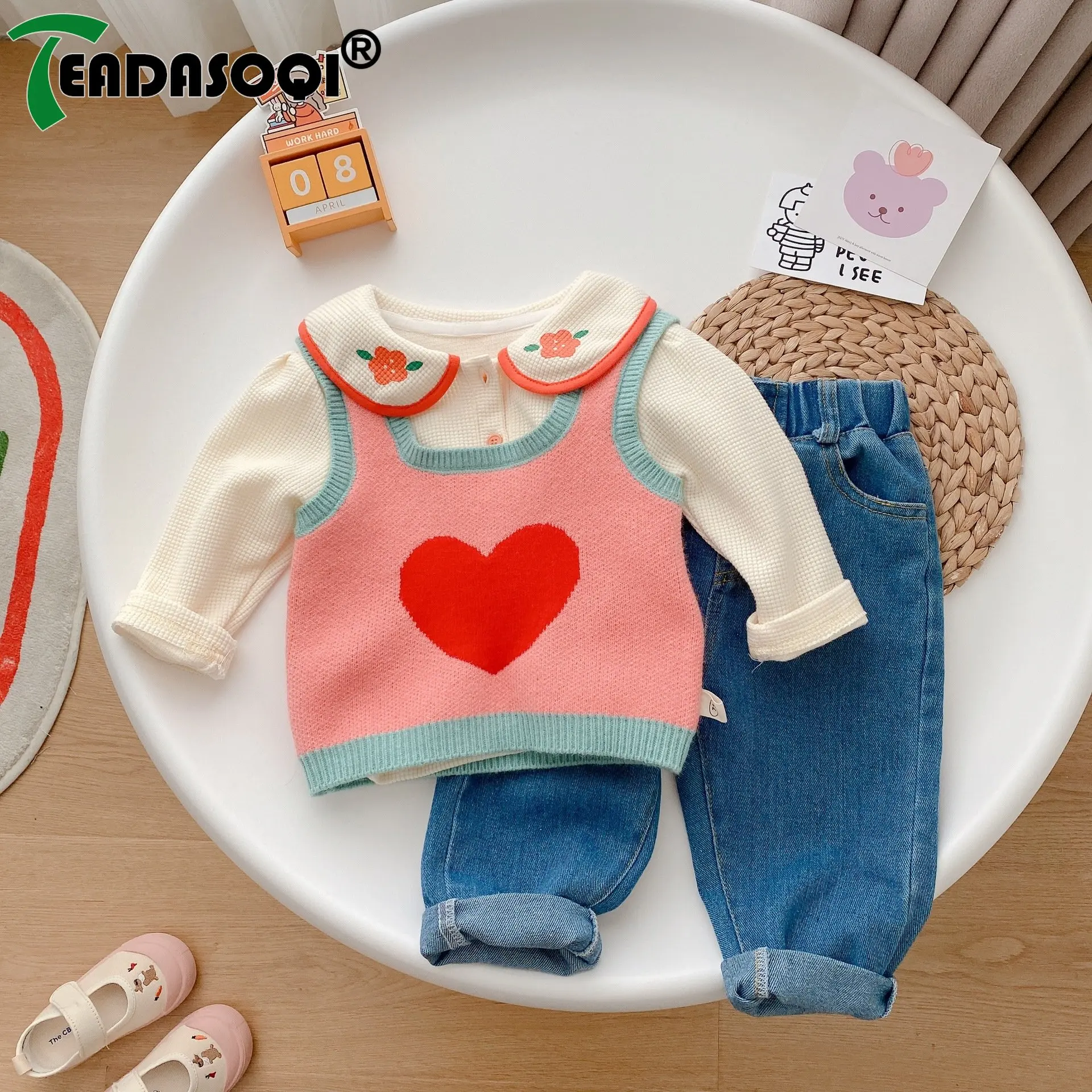

Autumn Kids Baby Girls Waffle Full Sleeve Peter Pan Collar Top Bottoming Shirts Sling Knitted Love Sweater Vest Children Clothes