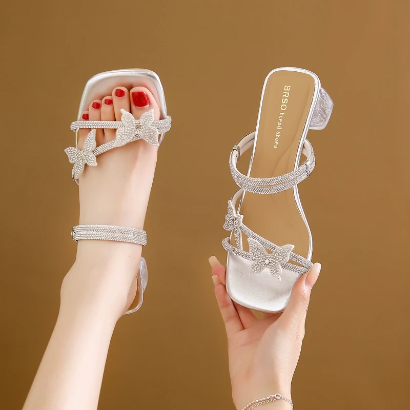 Летние тапочки на каблуке с кристаллами для женщин модные женские сандалии