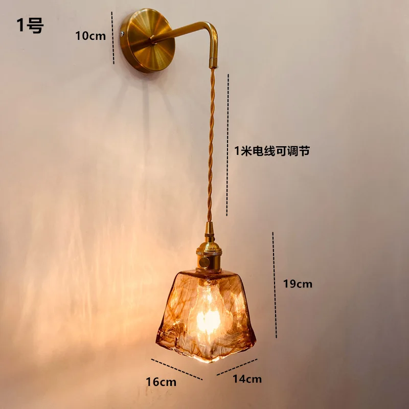 

Nordic brass wall lamp Bedroom bedside lamp Background wall Cloakroom mirror Front lamp Creative Japanese glass small wall lamp