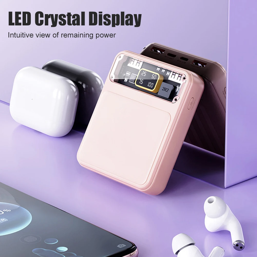 

20000mah Portable Mini Power Bank with 4 Cables 2.1A Fast Charging Mobile Phone Charger Digital Display External Battery Charger