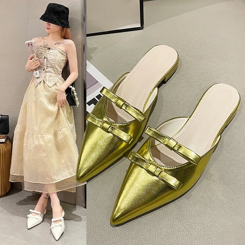 

Женские шлепанцы с острым носком, золотистые/Серебристые туфли без задника на низком квадратном каблуке, роскошные брендовые пляжные мюли, ...