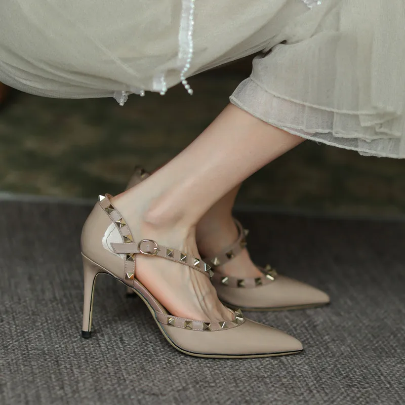 Luxury Designer Women's Shoes Rivet Sandals Real Leather High Heels Summer Classic Pumps 6cm 8cm 10cm Thin Heel Party Shoes 41