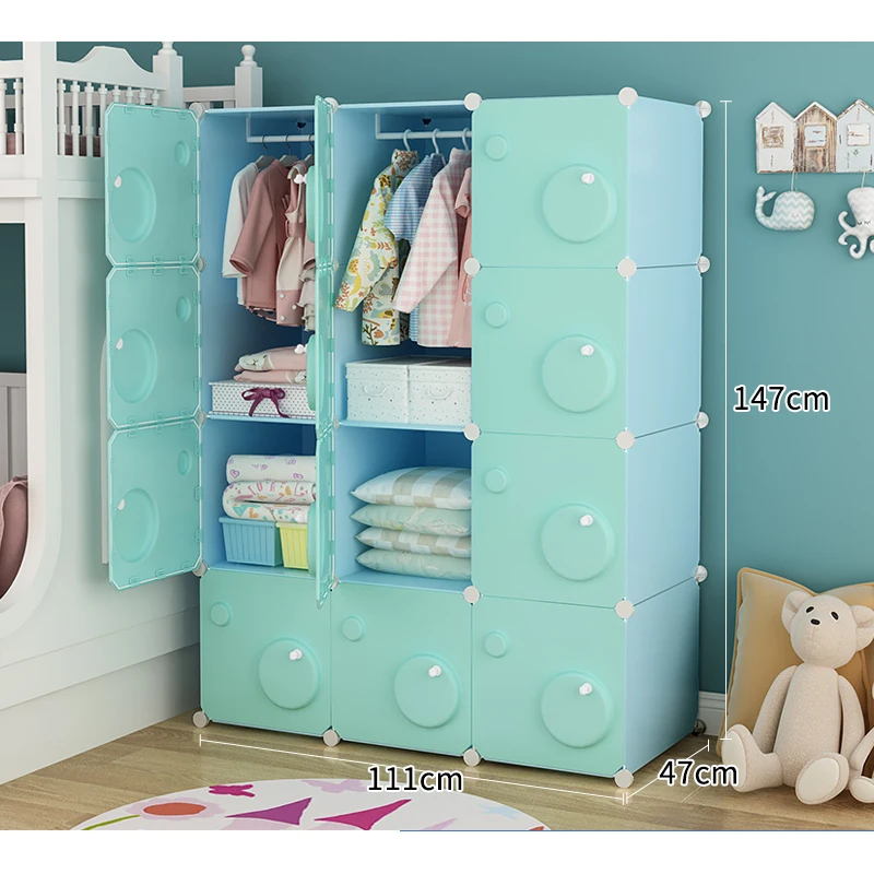 

Blue Children Wardrobe PP Plastic Bedroom Furniture Storage Clothes Storage Closet Boys Cartoon Cabinet Metal Frame Hanging B535