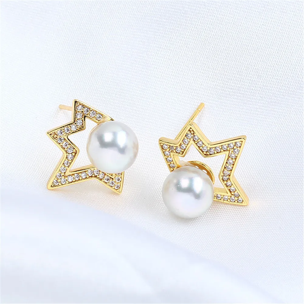 

Domestic 14k Gold Injection Half Inlaid Pentagram Pearl Earrings S925 Silver Needle Earrings DIY Accessories Temperament Female