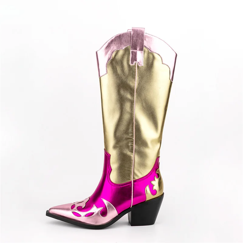 

Женские глянцевые сапоги до колена, с острым носком, на необработанном каблуке, на платформе, разные цвета, 2023