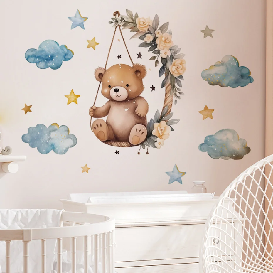 Cartoon Bear Clouds Stars Naklejki ścienne do pokoju dziecięcego Dekoracja Przedszkole Chłopcy Sypialnia dla dzieci