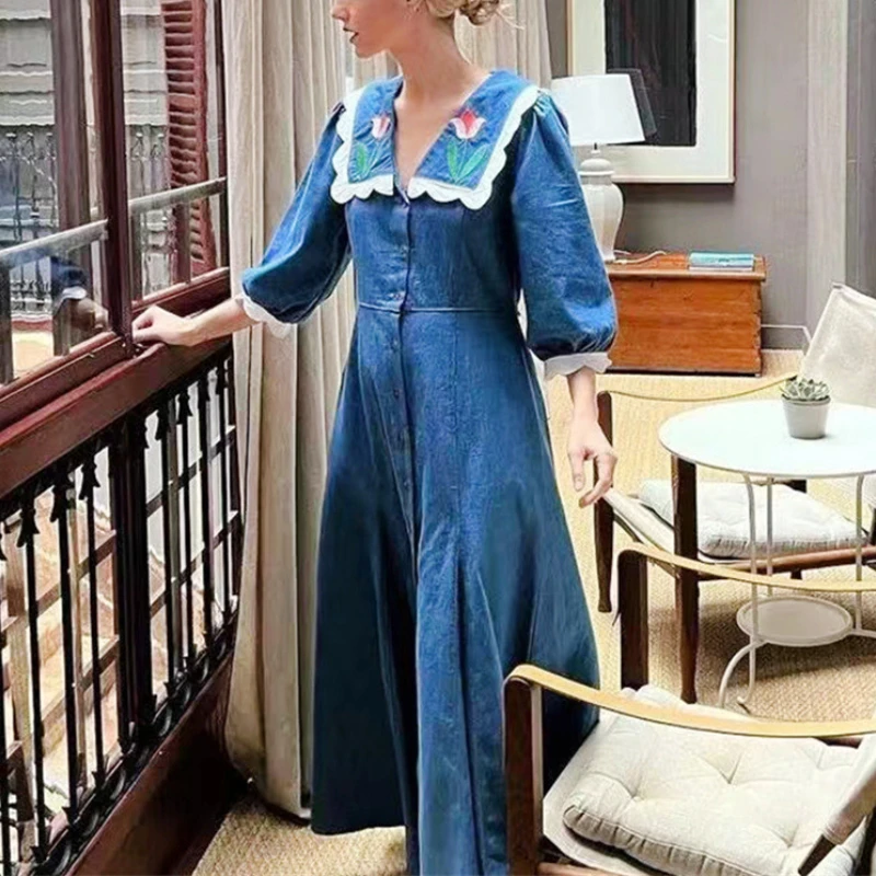 

Ri* Summer Women Tulip Embroidery Denim Dress Robe Wrist Sleeve Casual Turn-down Collar Button Belt Midi Dresses Party Vestidos