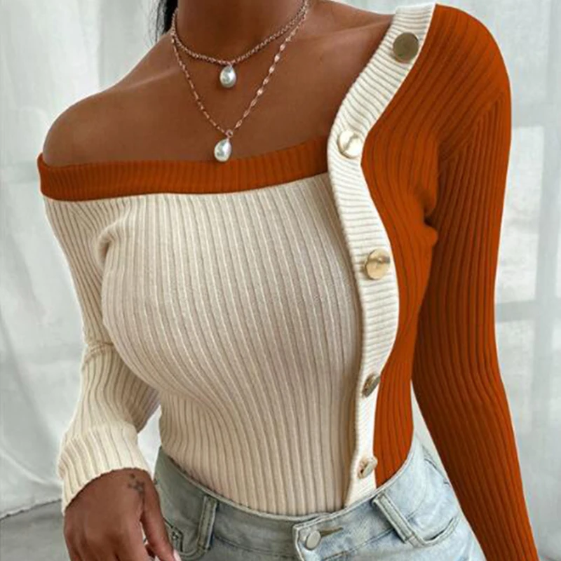 

6 Colors Fashion Oversized Sweater Women's Casual Button Strapless Knit Pullover Solid Color Long-Sleeved Knitted Stitching Tops