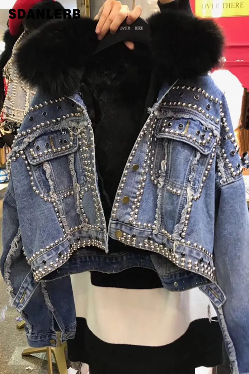 

New Fox Big Fur Collar Rivet Thickened Fleece-Lined Fur Denim Coat Women's Winter Short Female Loose Clothing Jean Jacket