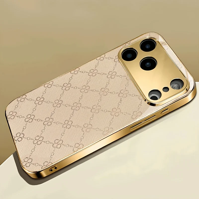 Фото Роскошный чехол для iPhone 17 с золотой рамкой и принтом клевера, модный стеклянный чехол для iPhone 17, 16, 15, 14, 13, Pro, Plus №4