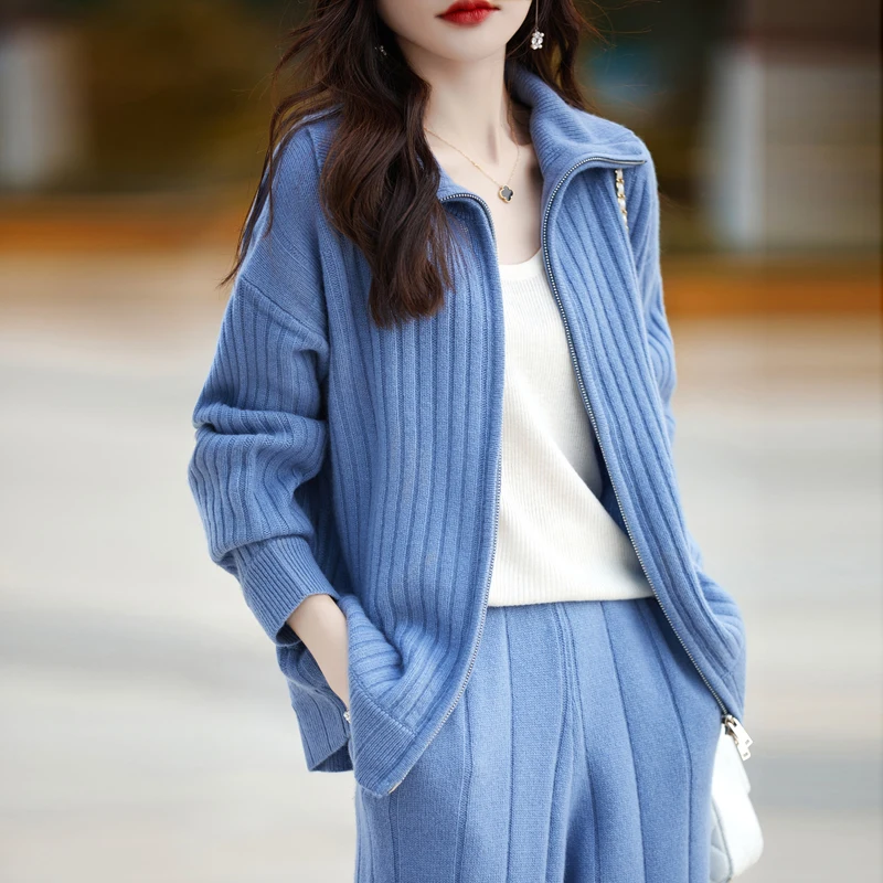 Женский Повседневный шерстяной вязаный комплект Кардиган с длинным рукавом