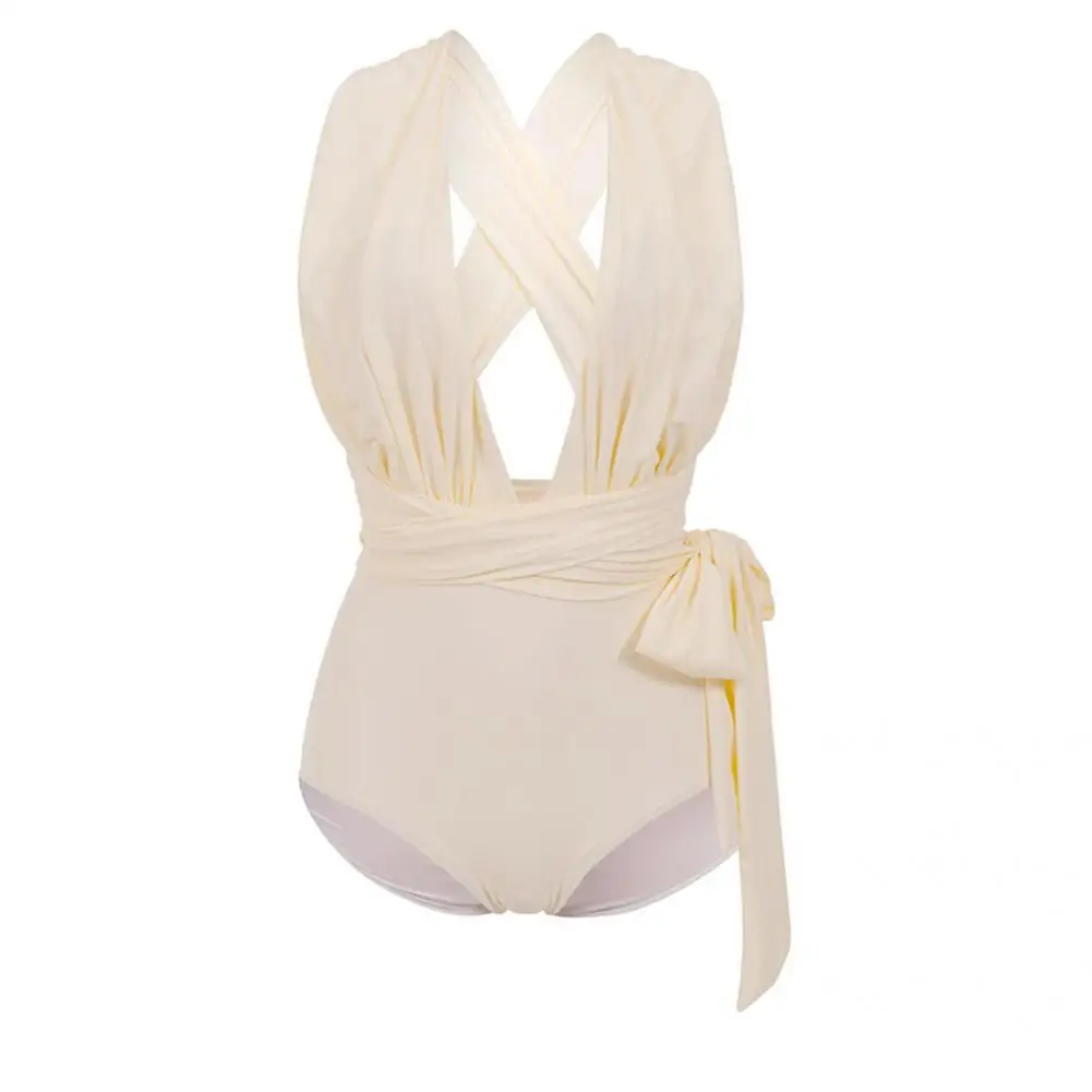 

Stylish Bikini Knot Design Solid Color Low V-neck Sexy Swimsuit Bathing Suit Swimwear