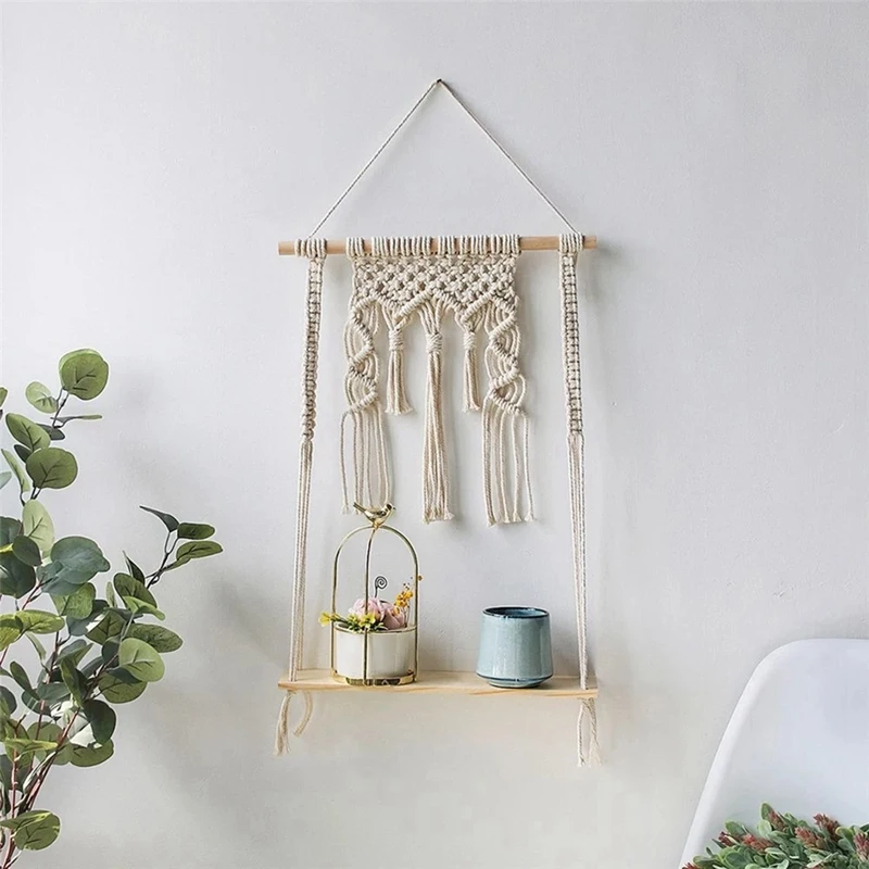 

Practical Bohemian Decor Wall Hanging Shelf Handmade Tapestry Cotton Rope Rack Plant Holder Home Decoration for Living Room Deco