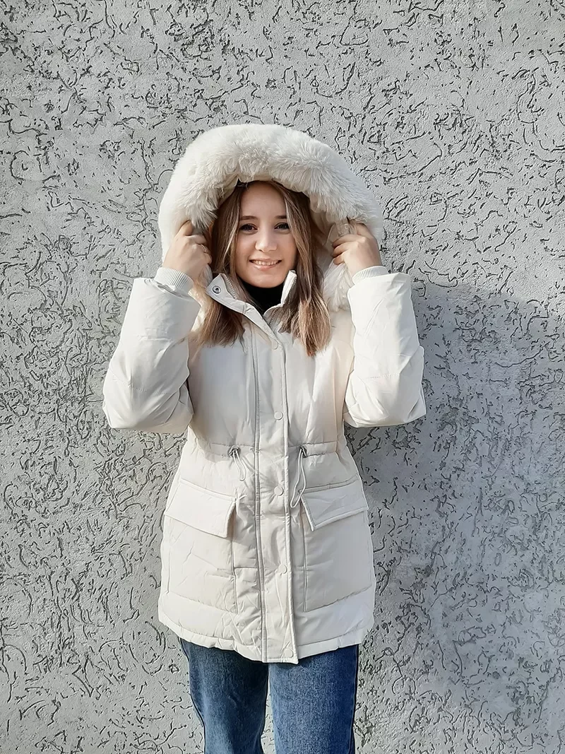 New2022 Cotton Padded Fur Parka New Big Fur Collar Down Winter Jacket Women Thick Warm Parkas Female Outerwear