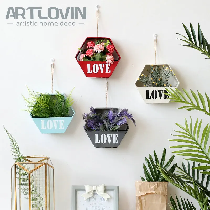 

Пасторальные Декоративные искусственные цветы в горшках сад любовь печатные железные горшки украшение стены дома двора настенные подвесн...