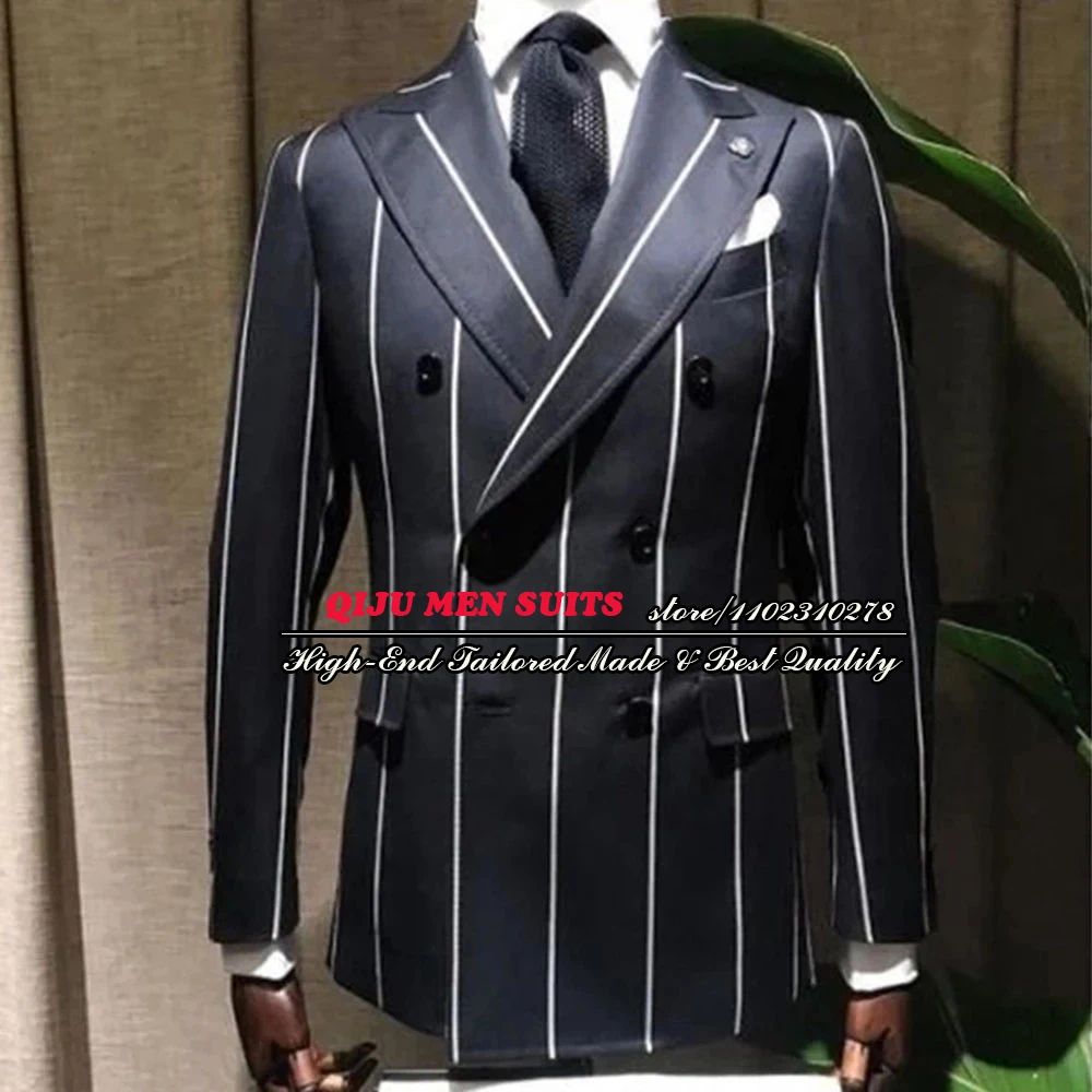 

Tailored Made Men White Pinstripe Black Suit Jackets Outwear Regular Formal Coat Wide Lapel Blazer Double Breasted Overcoat